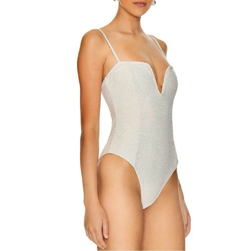 DEVON WINDSOR JOELLE ONE PIECE SWIMSUIT Champagne Glitter V Neck Size XS